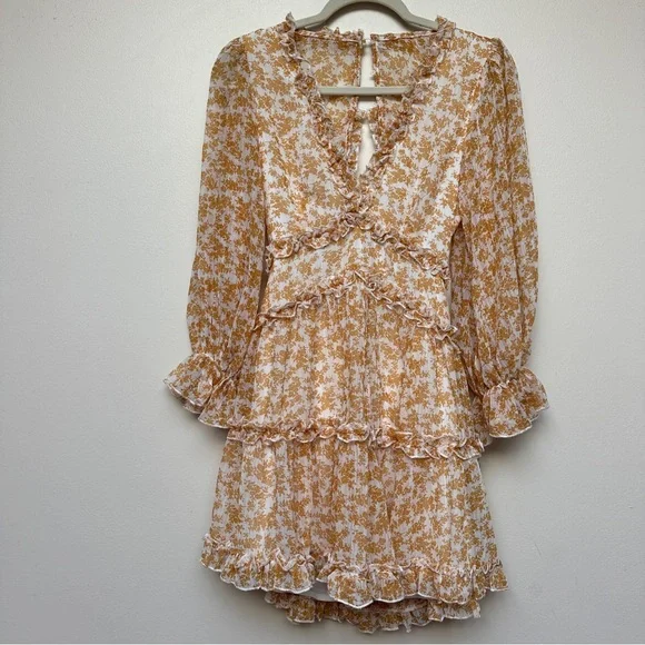 Saints + Secrets Mustard Floral Chiffon Ruffle Dress Size Small NWT - Picture 4 of 15